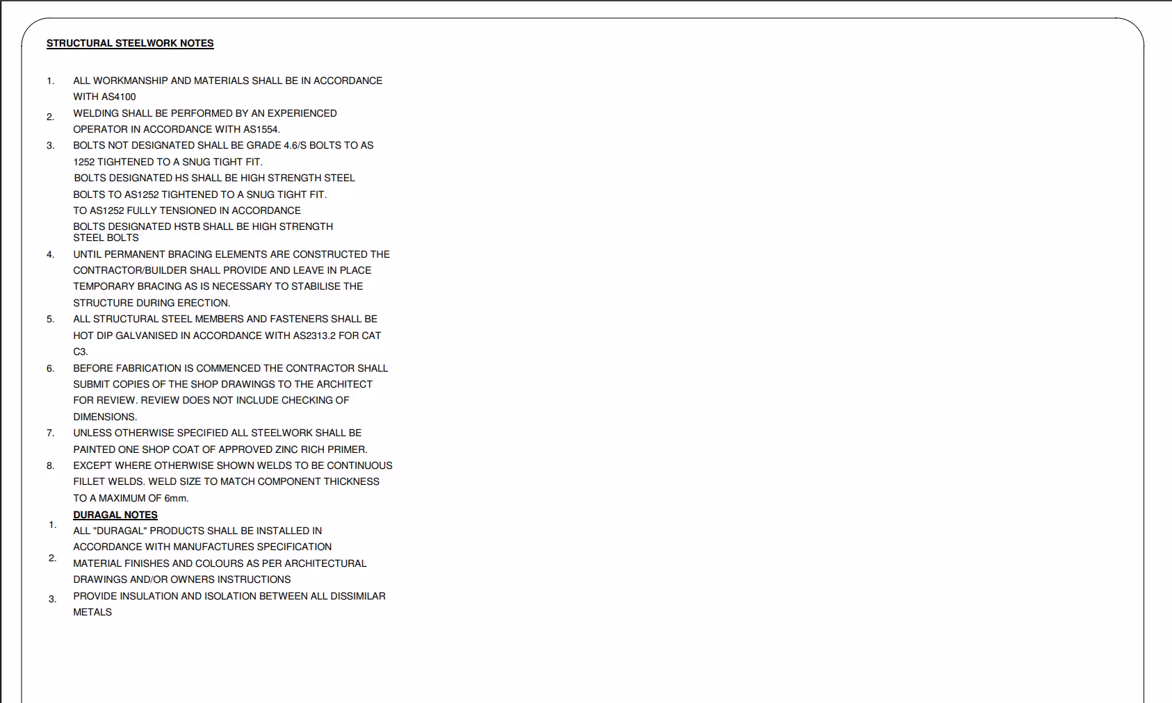 Structural steelwork notes and Duragal notes