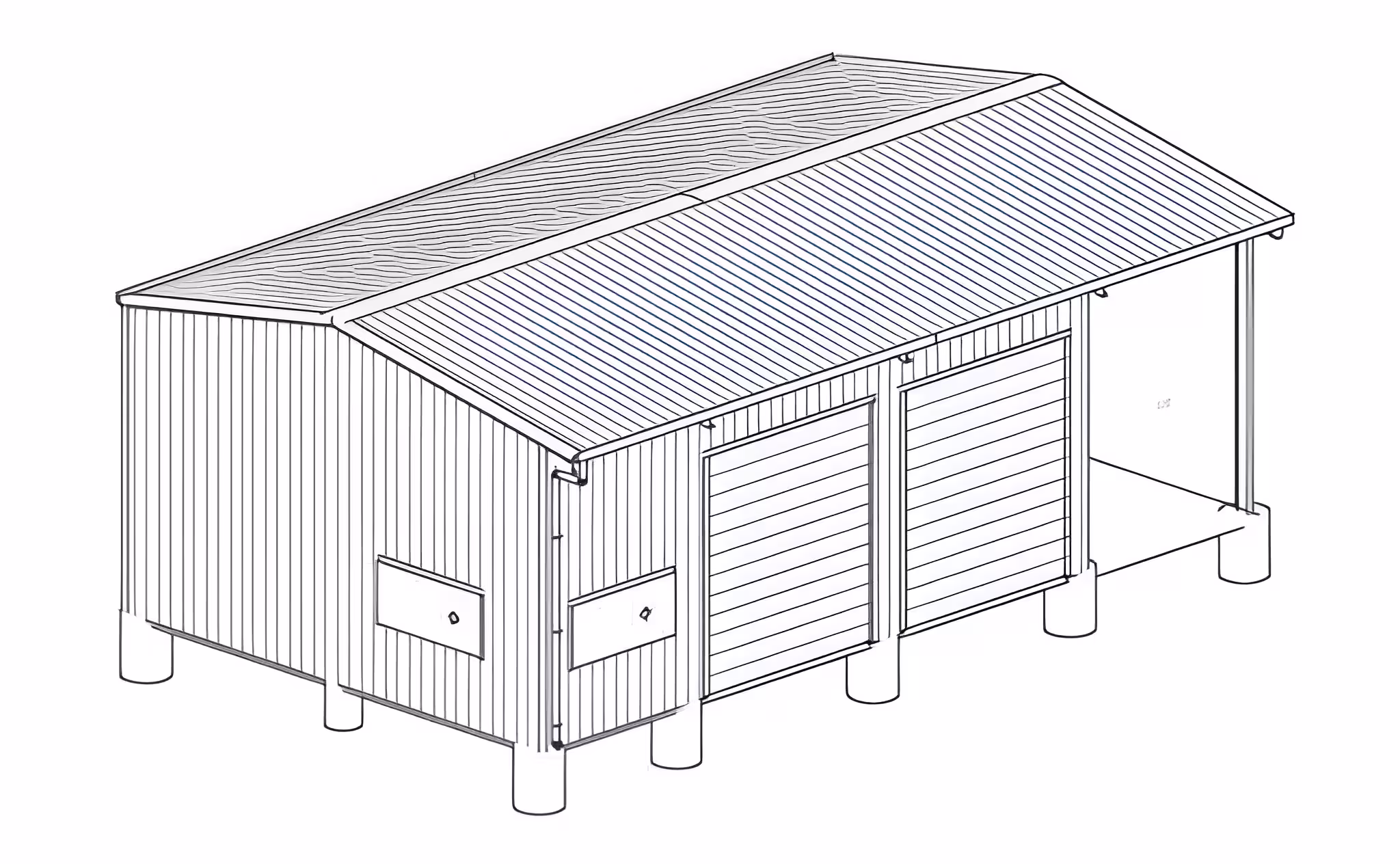 Proposed shed structure 3D technical drawing with corrugated roof and concrete footings