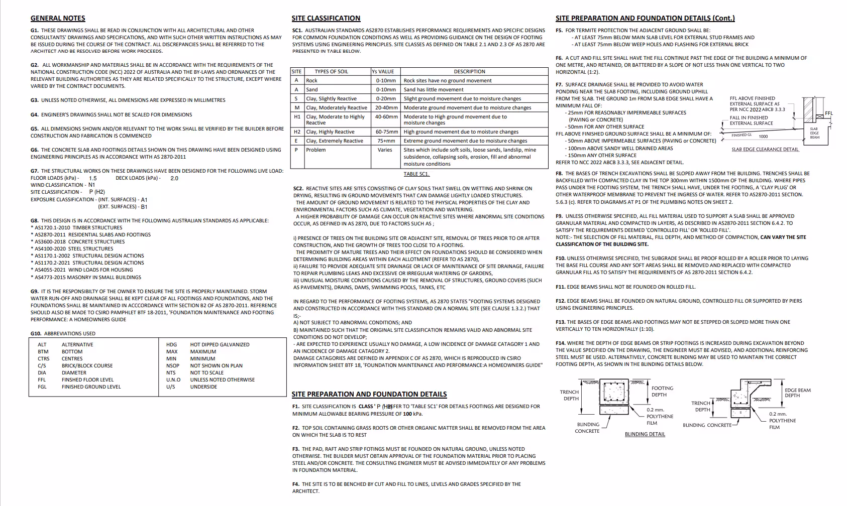 Structural notes page 1 with general notes and site classification